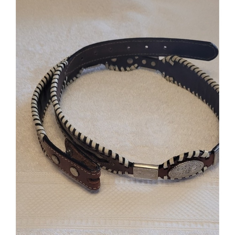 Western Brown Leather Cow Hide Silver Tone Belt 38"